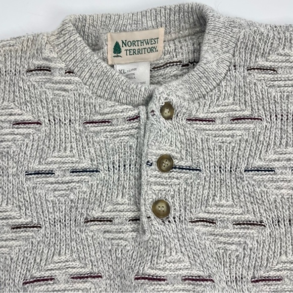 Vintage Northwest Territory Chunky Neutral Grey Henley Cotton Grandpa Sweater XL - Picture 9 of 10